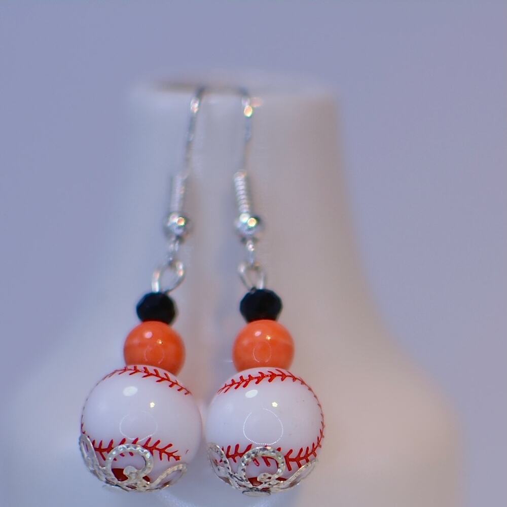Black and Orange Baseball Earrings; Beaded, Hand-crafted